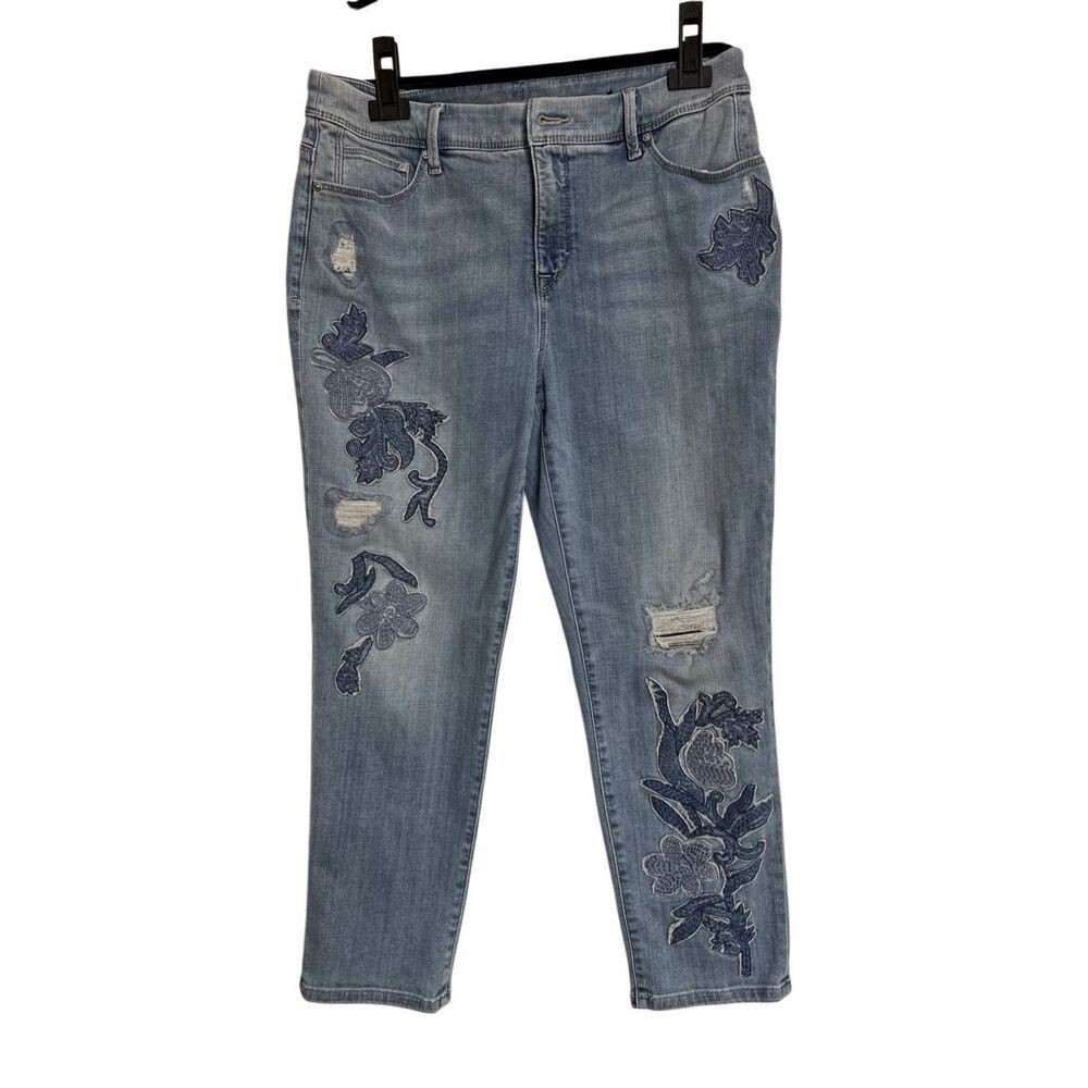 So Slimming by Chicos Girlfriend Jeans Womens SZ 1 Medium Blue Floral Faded Crop
